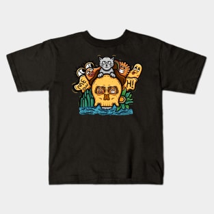 Cat with skull head doodle style Kids T-Shirt
